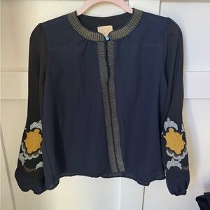 Navy Embroidered Accent Blouse with Gold Trim